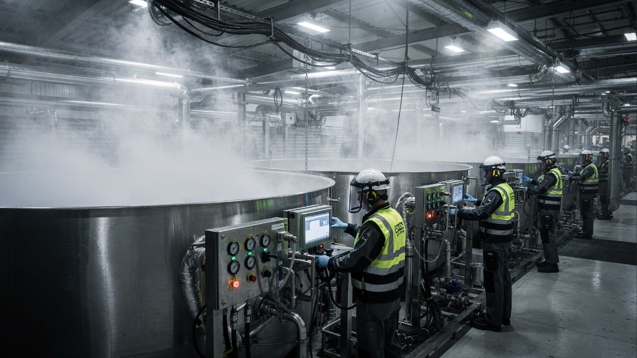 Com a eletrólise de salmoura a 90 graus em tanques industriais, é assim que a química produz a soda cáustica, um agente capaz de dissolver gordura