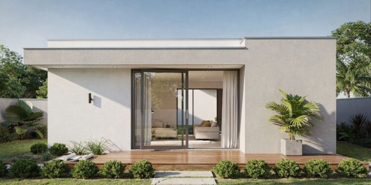 Casa térrea minimalista de 85 metros quadrados com deck frontal e integração total dos ambientes