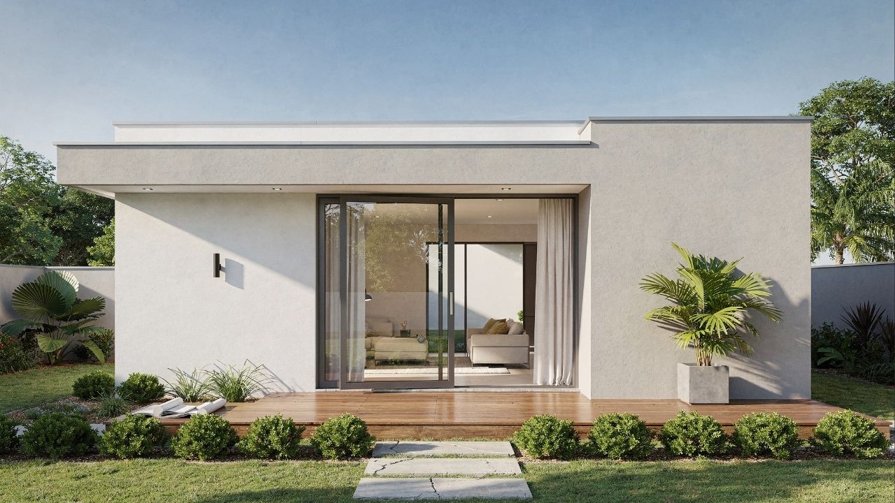 Casa térrea minimalista de 85 metros quadrados com deck frontal e integração total dos ambientes