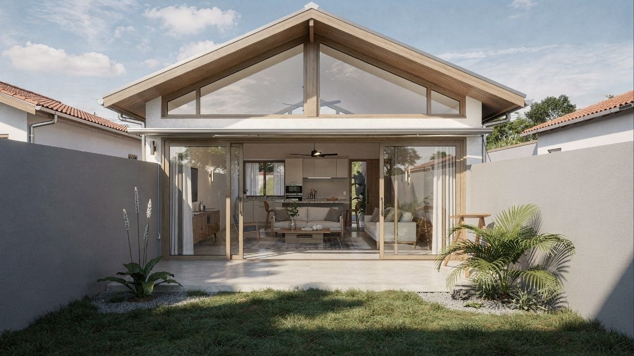 Projeto de casa térrea moderna com 90 metros quadrados, 2 dormitórios, suíte e pátio interno otimiza espaços urbanos