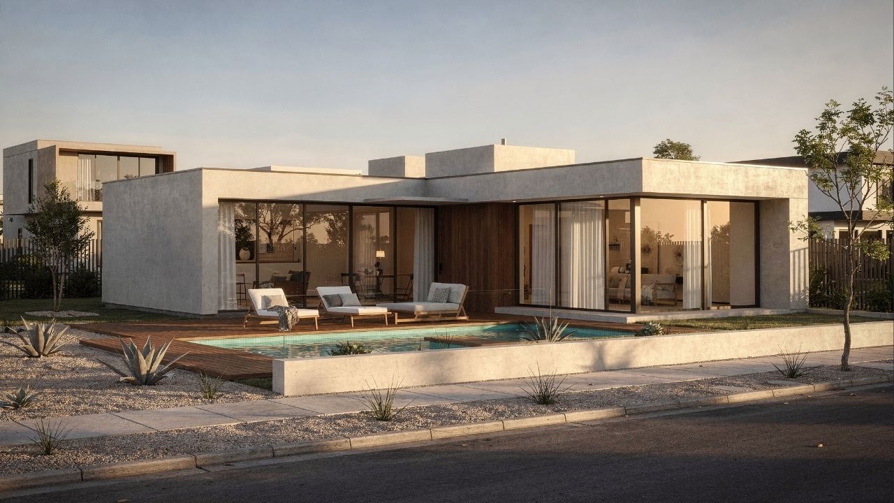 Com pátio central e integração total, esse projeto de 2 quartos com piscina é o refúgio perfeito para recém-casados