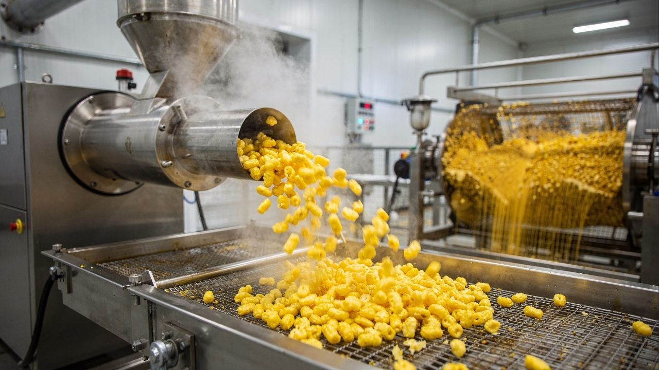 Com sêmola de milho aquecida e ejetada sob alta pressão em segundos, é assim que a indústria fabrica o salgadinho crocante, que expande no bocal