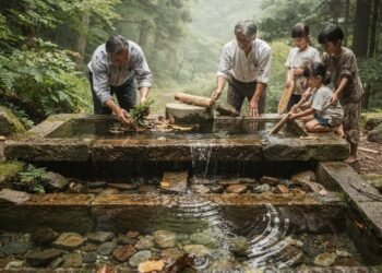 Família restaura fonte esquecida nas montanhas do Japão e ela volta a abastecer a casa com água limpa após décadas abandonada