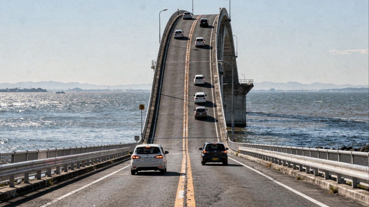 Eshima Ohashi no Japão ganha fama por sua inclinação de 6,1%, pois seus 44 metros de altura criam a ilusão de uma montanha-russa sobre o lago