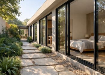 Essa casa térrea moderna com planta retangular tem portas de vidro, pátio verde e ventilação cruzada