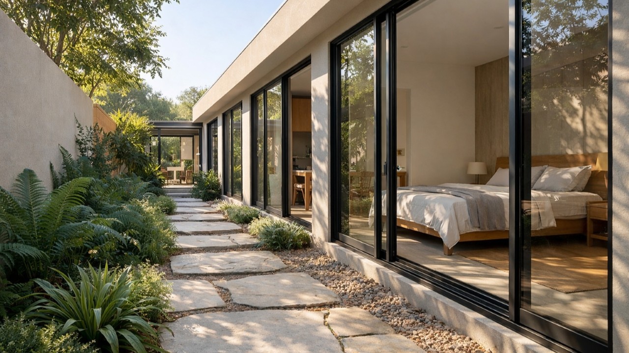 Essa casa térrea moderna com planta retangular tem portas de vidro, pátio verde e ventilação cruzada