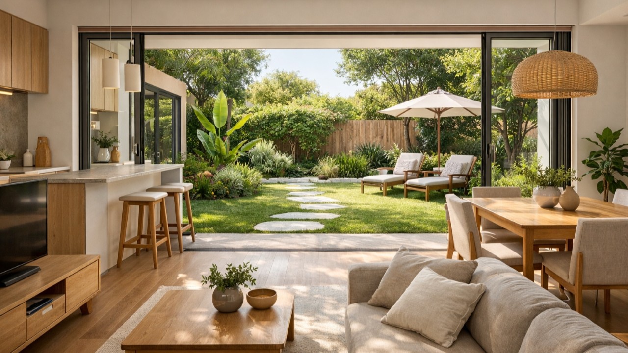 Essa casa térrea moderna com planta retangular tem portas de vidro, pátio verde e ventilação cruzada