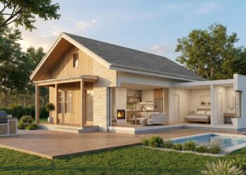 Compacta e acolhedora, casa estilo cabana tem área social aberta, dormitório funcional e quintal com piscina pequena