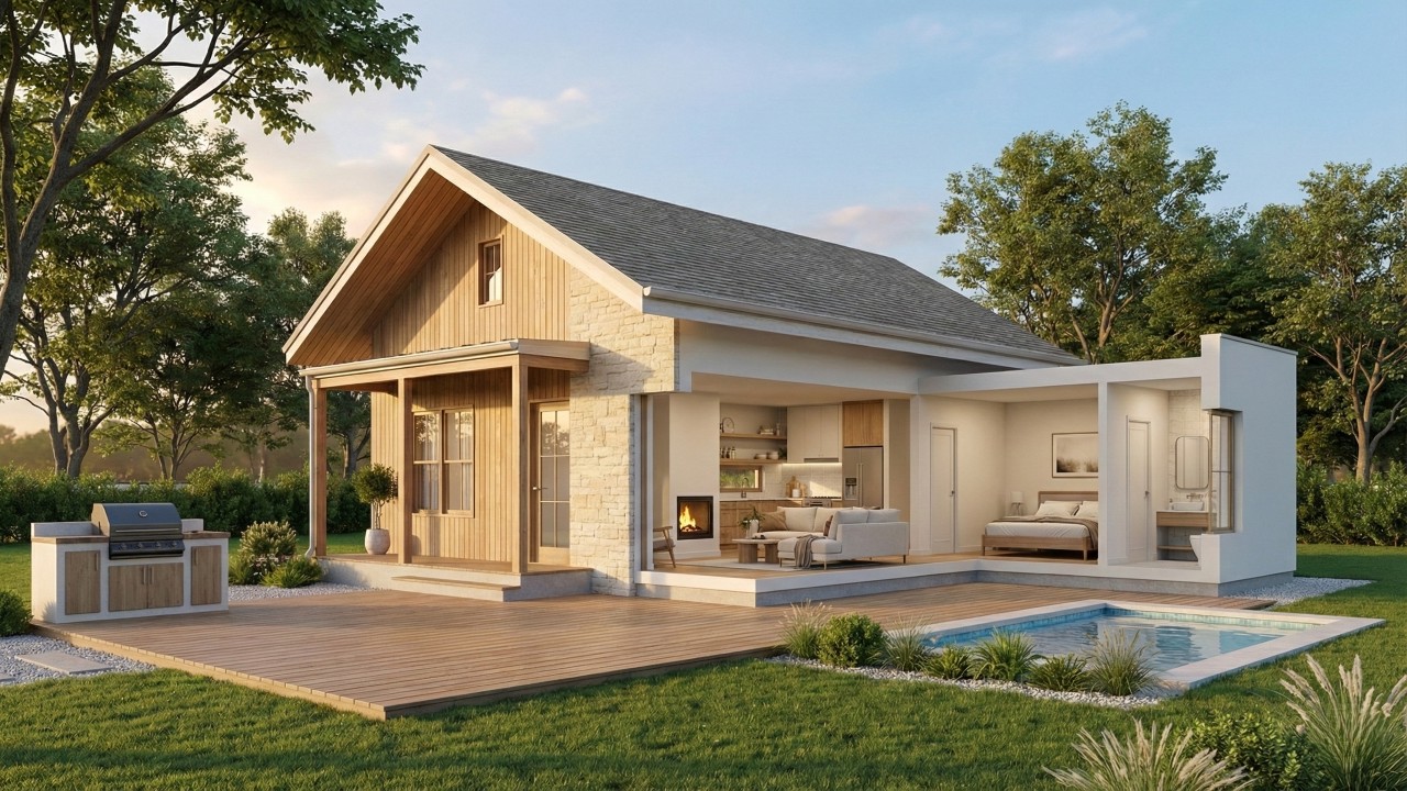 Compacta e acolhedora, casa estilo cabana tem área social aberta, dormitório funcional e quintal com piscina pequena