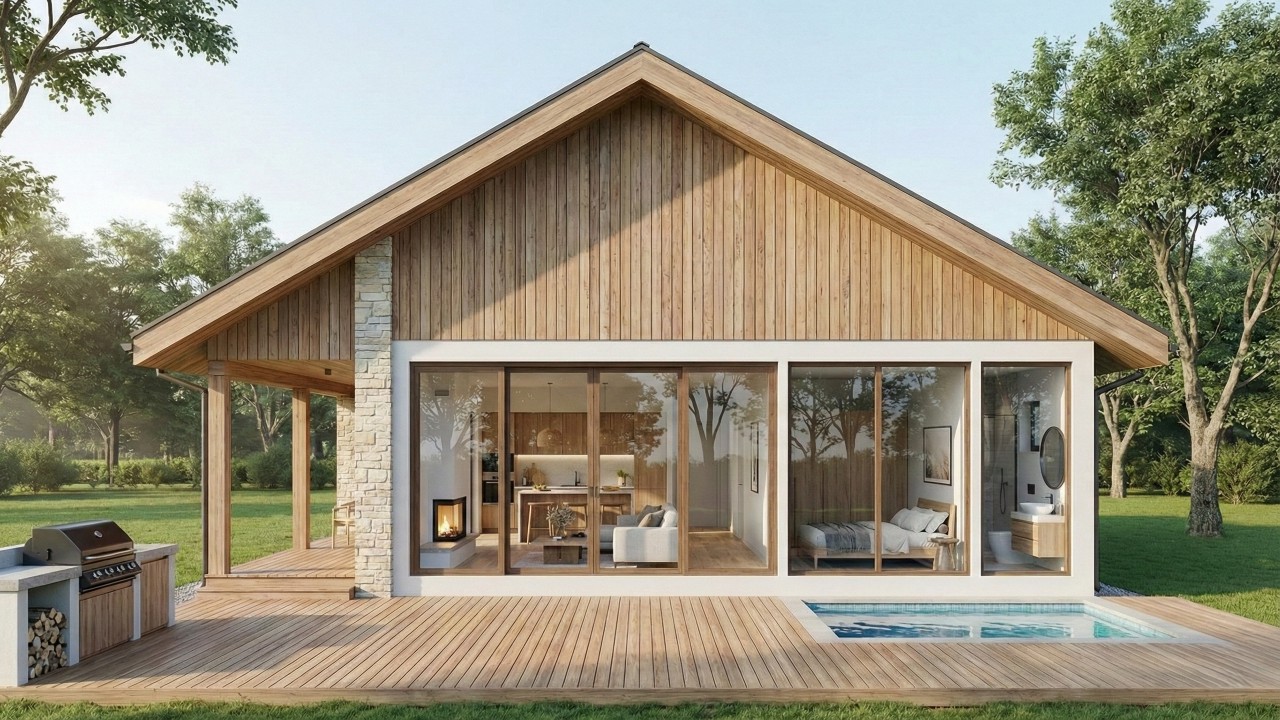 Compacta e acolhedora, casa estilo cabana tem área social aberta, dormitório funcional e quintal com piscina pequena