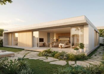 Casa térrea de 100 metros quadrados integra sala e cozinha com jardim, usando portas de vidro e layout funcional para ampliar espaços