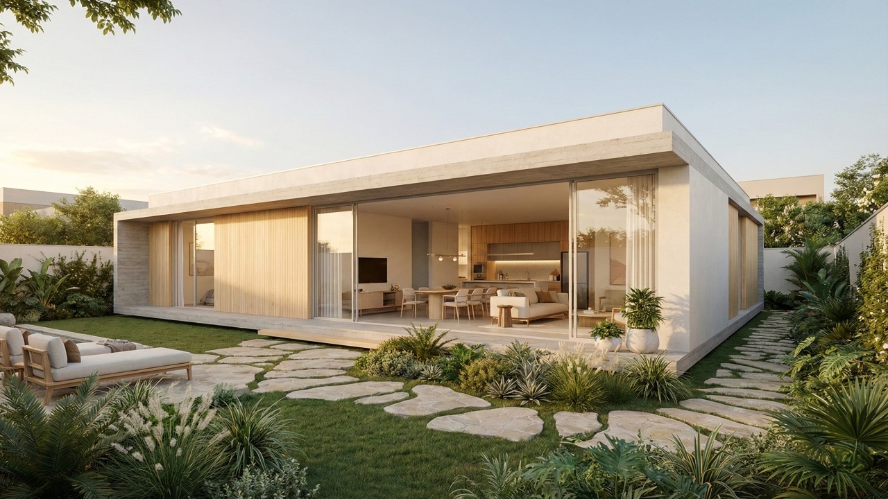 Casa térrea de 100 metros quadrados integra sala e cozinha com jardim, usando portas de vidro e layout funcional para ampliar espaços