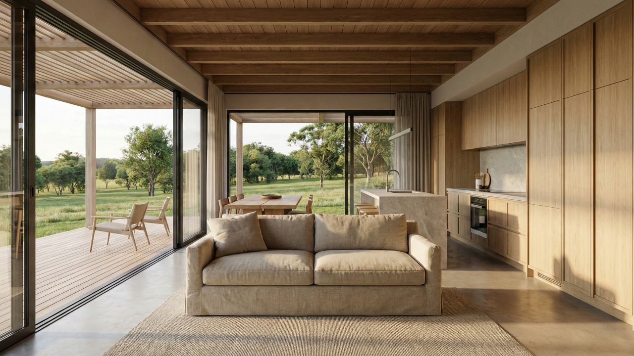 Uma casa de campo pequena e moderna mostra como 80 metro quadrados podem oferecer aconchego e praticidade