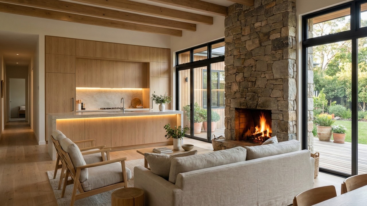 Com 3 quartos e área social integrada, casa de campo aposta no equilíbrio entre conforto e natureza