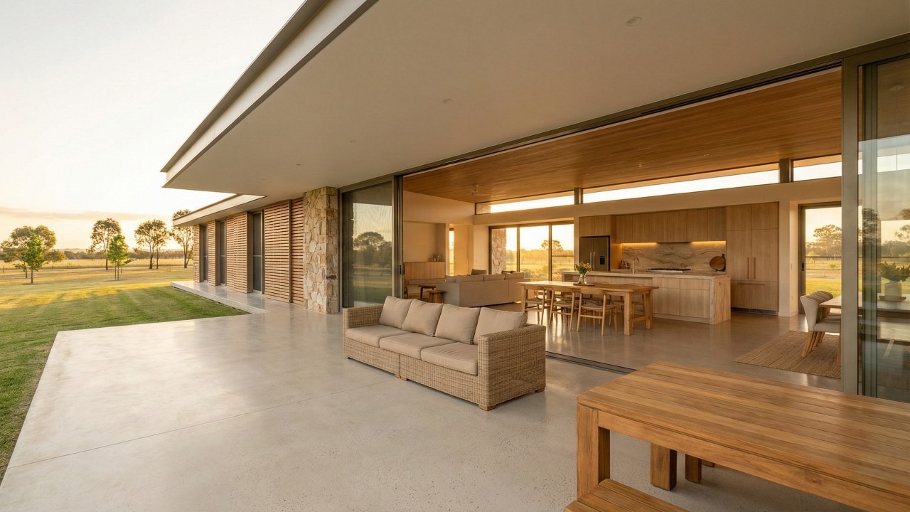 Sem escadas e com planta fluida, essa casa de campo térrea moderna aposta em janelas amplas e ambientes integrados