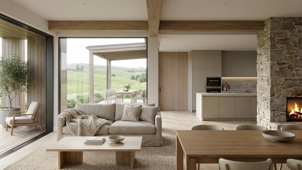 Com 3 quartos e área social integrada, casa de campo aposta no equilíbrio entre conforto e natureza