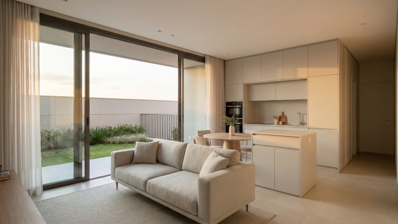 Casa pequena com 50 metros quadrados que usa espelhos, cortinas leves e móveis inteligentes para parecer muito maior