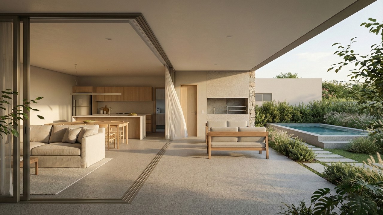 Casa de campo térrea une piscina, varanda ampla e integração total para morar o ano todo