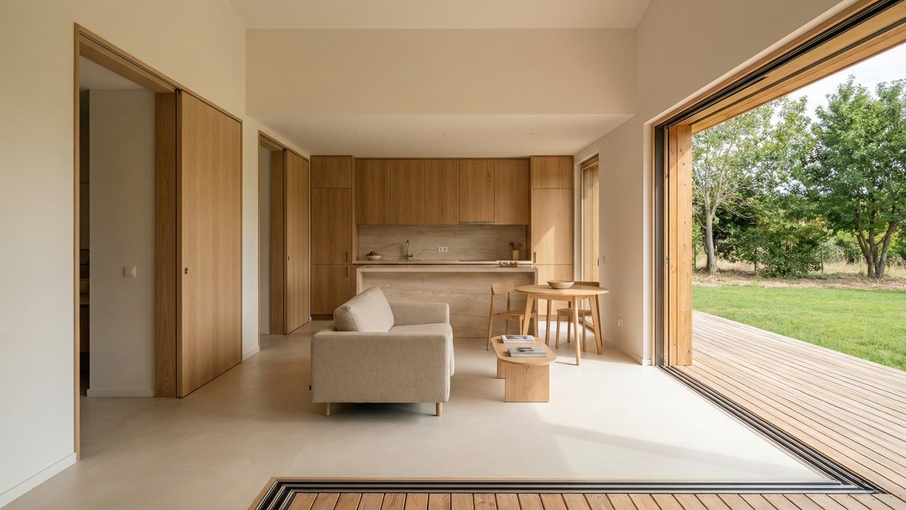 Com 70 metro quadrados e dois quartos, essa casa de campo compacta aposta em integração e ventilação natural