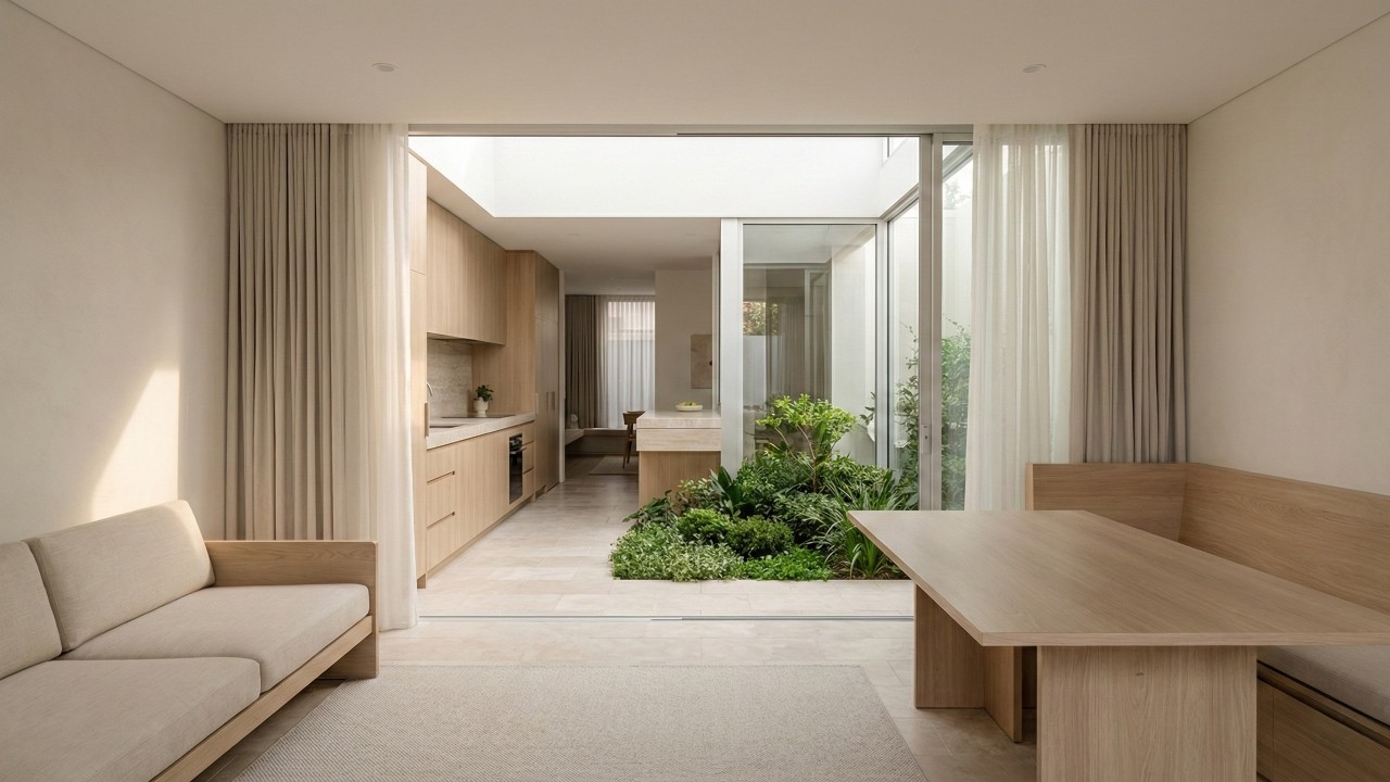 Essa casa moderna de 80 metros quadrados usa jardins internos, móveis sob medida e planta fluida para aproveitar cada centímetro