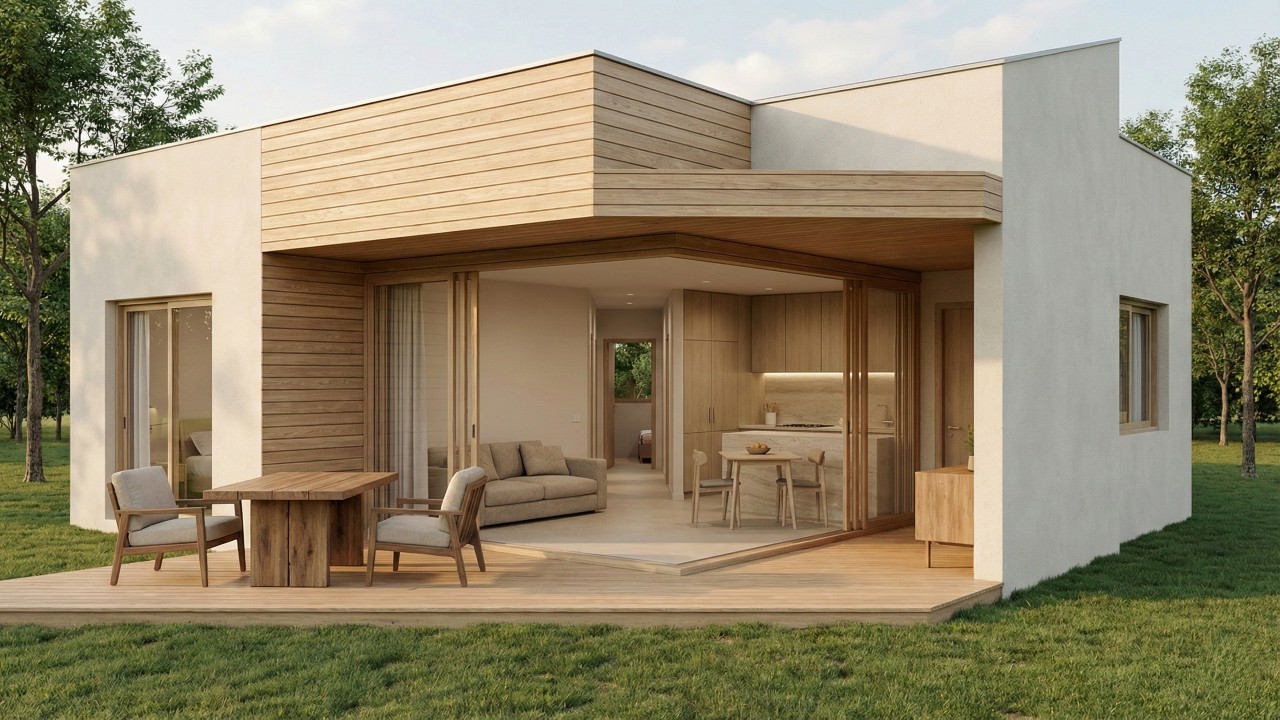 Com 70 metro quadrados e dois quartos, essa casa de campo compacta aposta em integração e ventilação natural