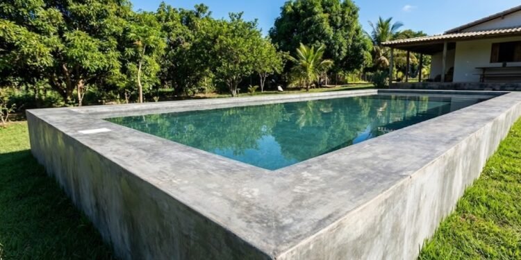 Um projeto artesanal feito por uma única pessoa mostra que é possível erguer uma piscina de alvenaria com borda reforçada e acabamento em cimento usando apenas materiais básicos, como tijolo e cimento