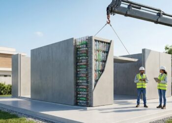 A chamada Casa PET é uma residência modular de 39 m² montada em cerca de 48 horas, usando painéis pré-fabricados com garrafas plásticas no núcleo estrutural, concreto armado e base radier