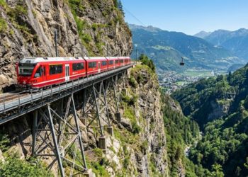 Trajeto ferroviário em penhasco elevado apresentando trilhos instalados a mil e duzentos metros