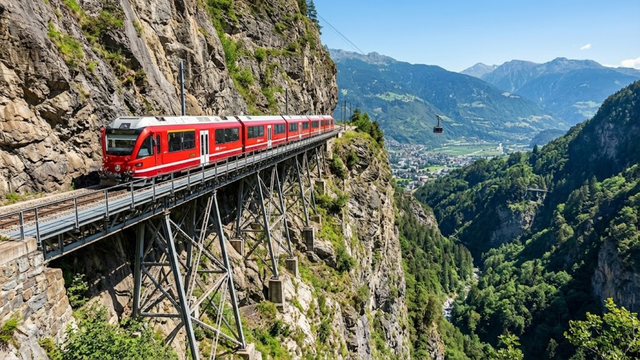 Trajeto ferroviário em penhasco elevado apresentando trilhos instalados a mil e duzentos metros