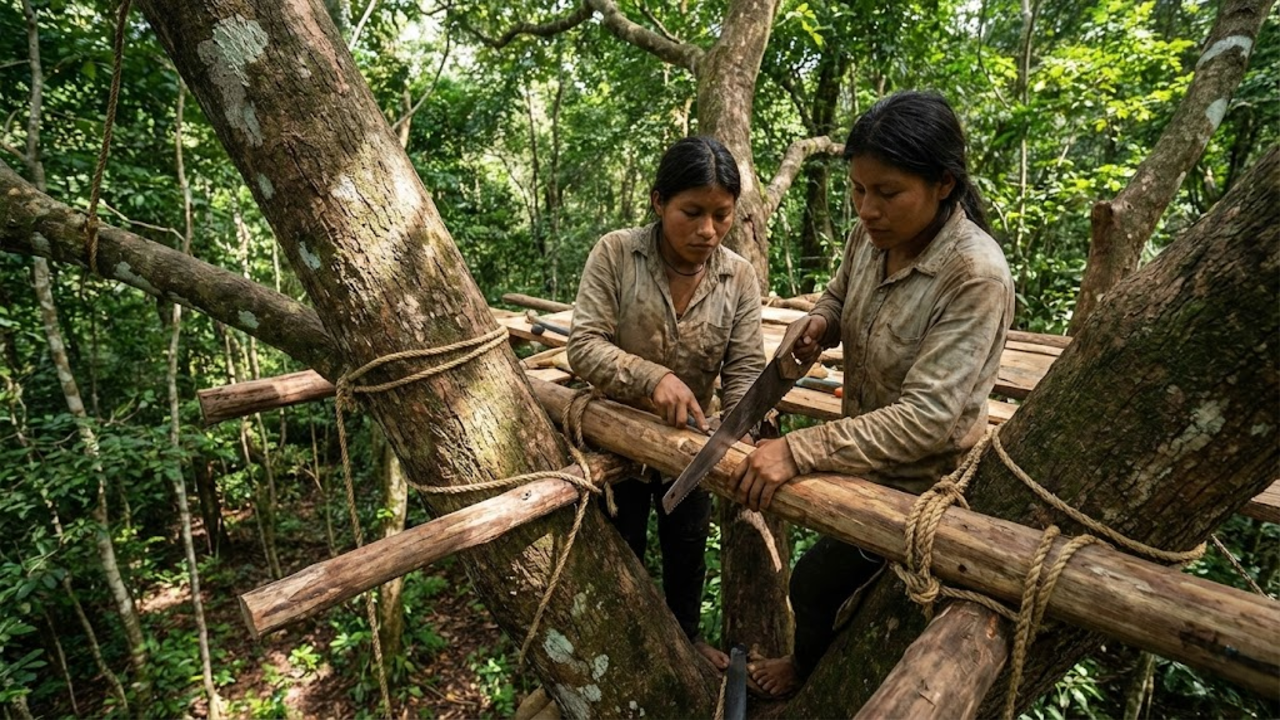 Duas irmãs em uma casa na árvore aconchegante, no alto de uma floresta densa e exuberante