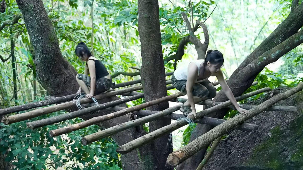 Duas irmãs em uma casa na árvore aconchegante, no alto de uma floresta densa e exuberante