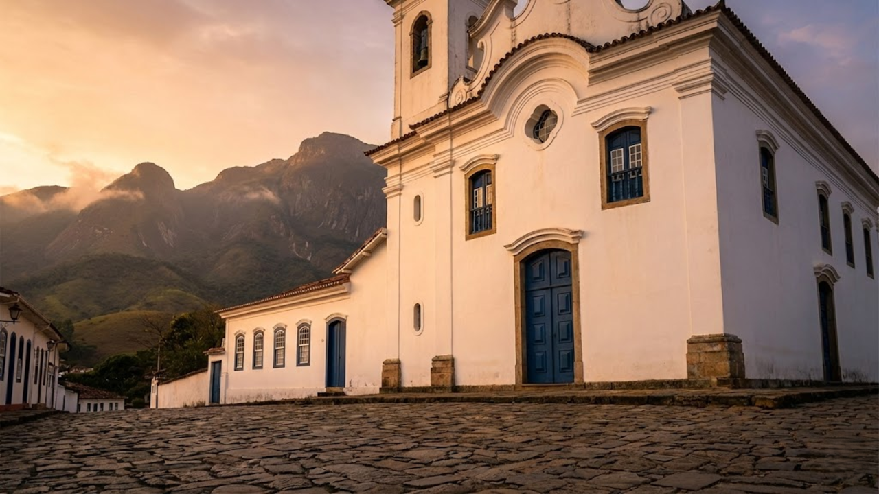 A histórica Matriz de Santo Antônio sob a luz dourada, com as imponentes montanhas da Serra ao fundo.