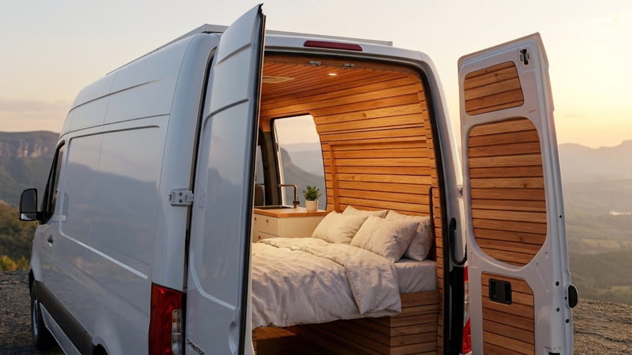 Uma van aberta revelando um interior de madeira aconchegante diante de um pôr do sol épico em um platô brasileiro.