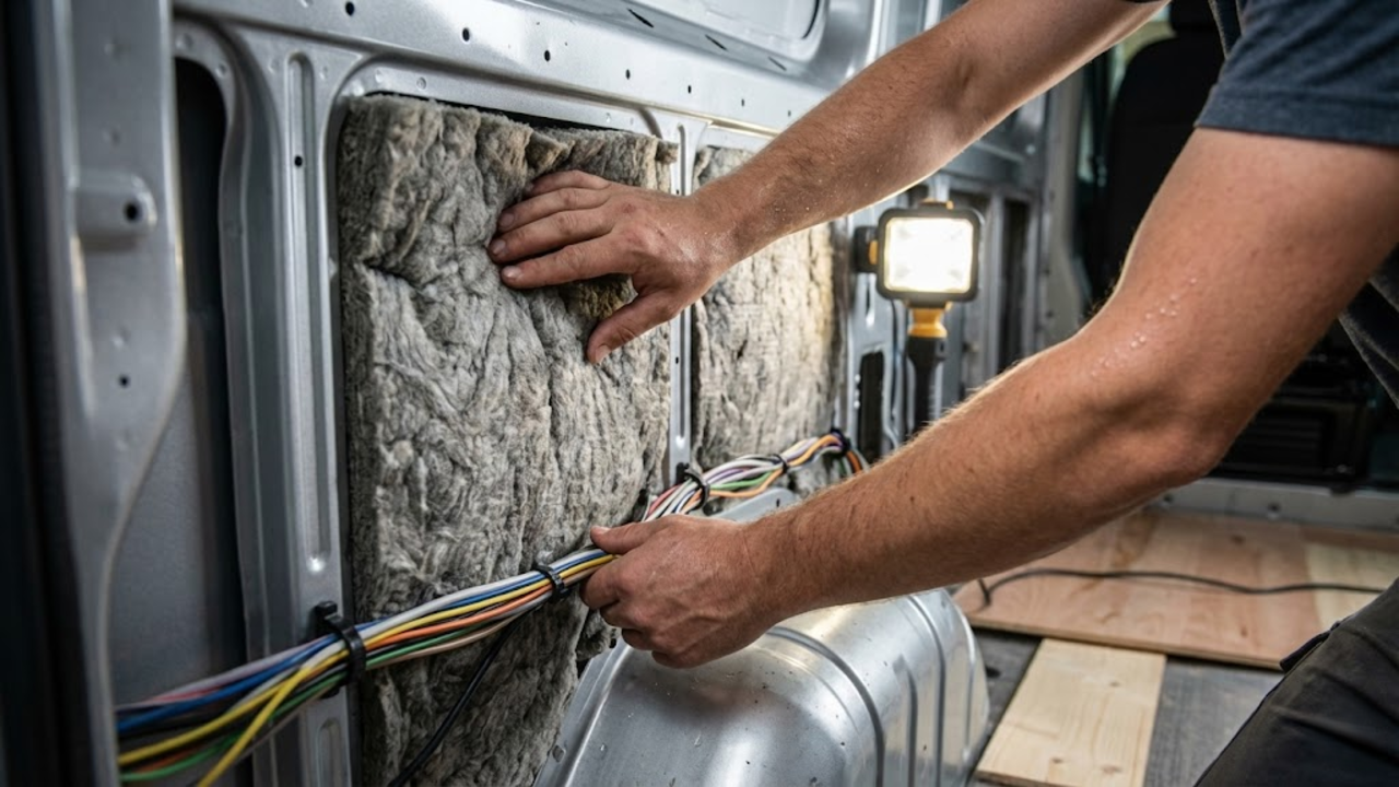 Close detalhado de mãos instalando isolamento térmico e fiação elétrica na estrutura de metal da van.
