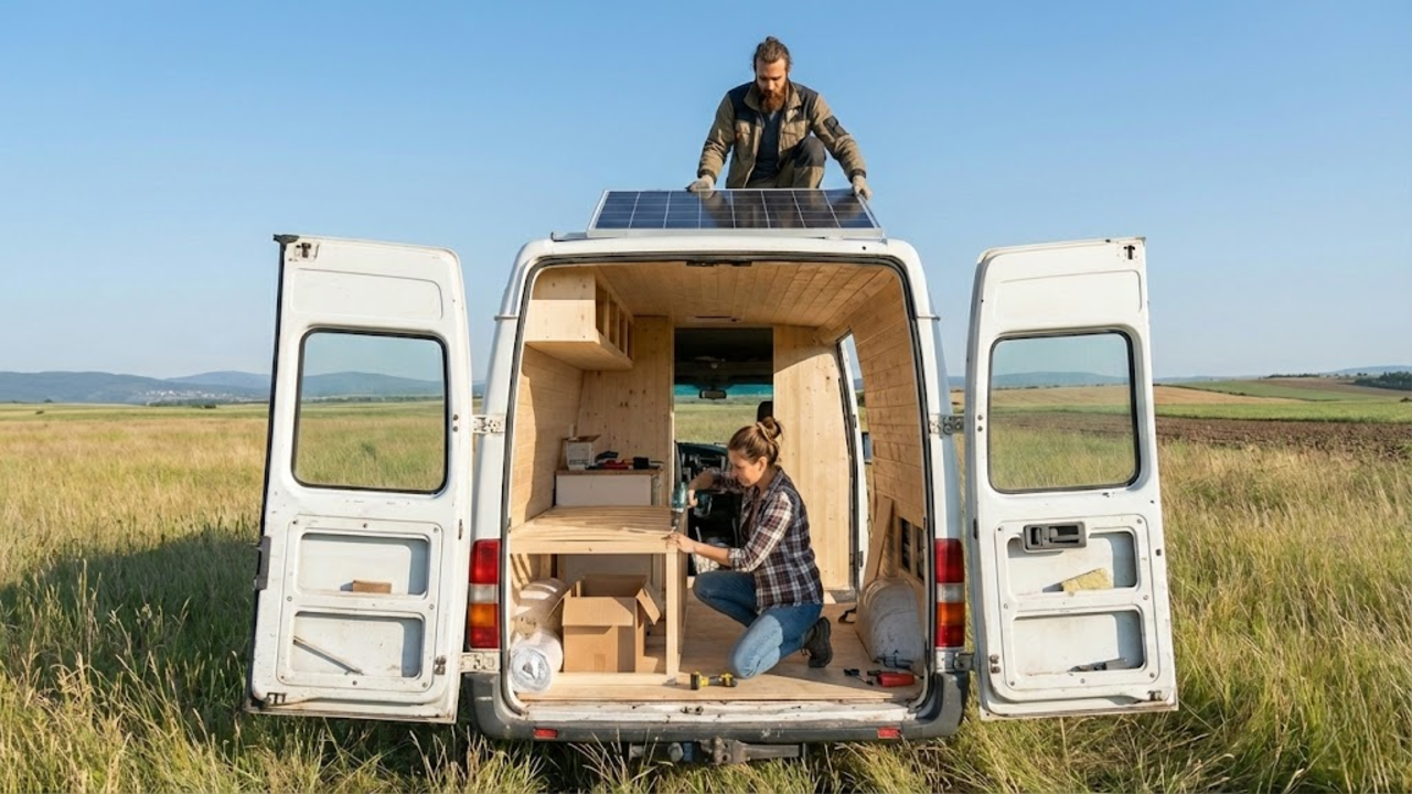 Van transformada em residência móvel e acolhedora por um casal apaixonado por viagens