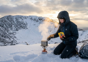 Aventureira solitária na neve do Hallasan derretendo gelo em um fogareiro portátil para fazer ramen, com vapor subindo sob luz dourada.