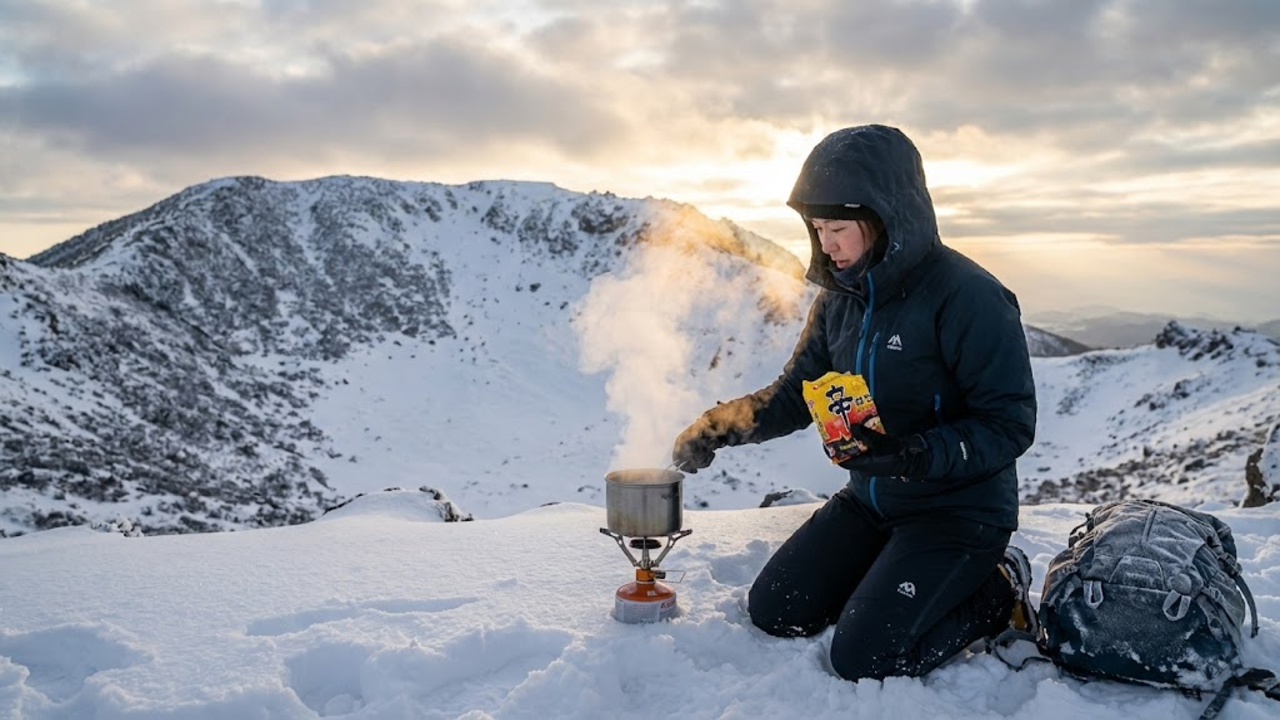 Aventureira solitária na neve do Hallasan derretendo gelo em um fogareiro portátil para fazer ramen, com vapor subindo sob luz dourada.