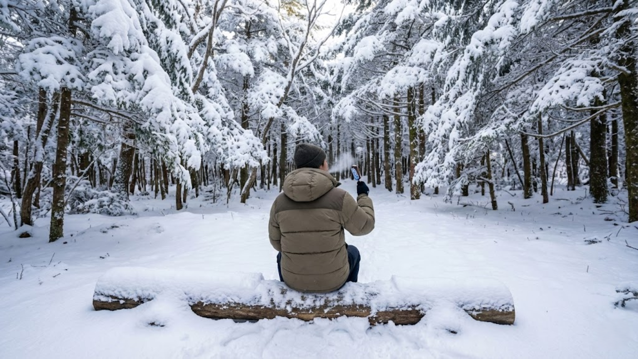 Uma pessoa sentada sozinha em uma floresta coberta de neve, comendo um sorvete Oreo, enfatizando o isolamento e o contraste térmico.