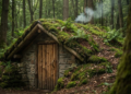 Cabana subterrânea camuflada na floresta com teto verde, fachada de pedra e porta de madeira rústica