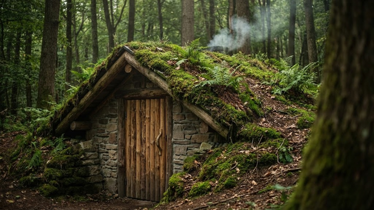 Cabana subterrânea camuflada na floresta com teto verde, fachada de pedra e porta de madeira rústica
