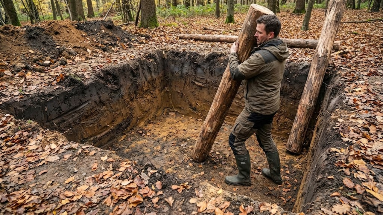 Bushcrafter posicionando um pilar de madeira bruta dentro da escavação no solo da floresta.