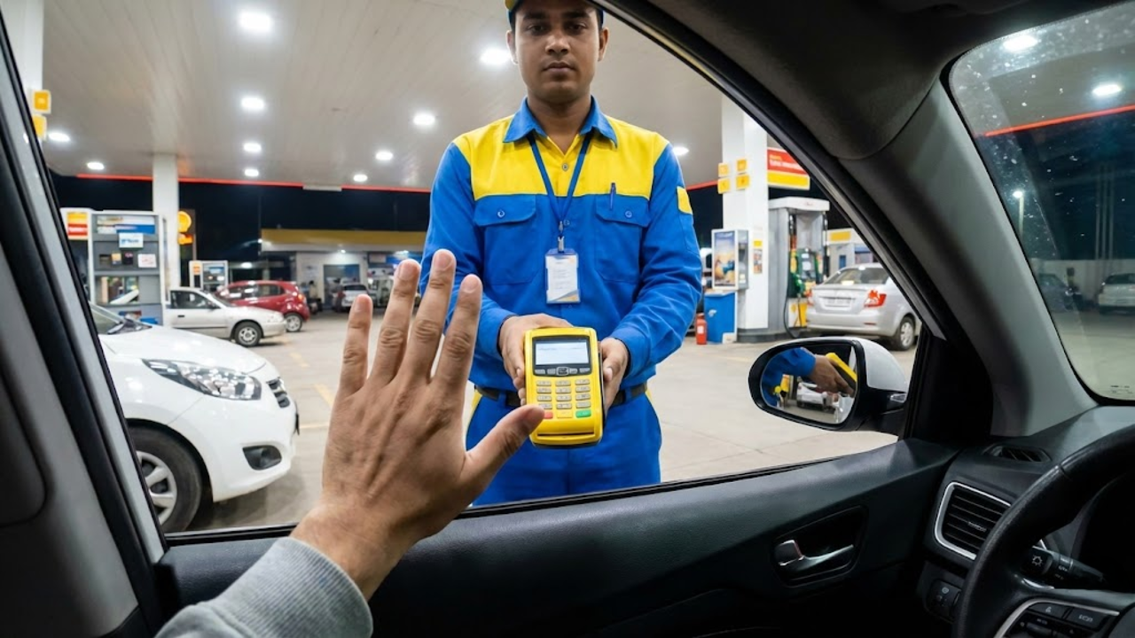 Visão em primeira pessoa do motorista recusando com a mão a digitação de dados na maquininha oferecida pelo frentista.