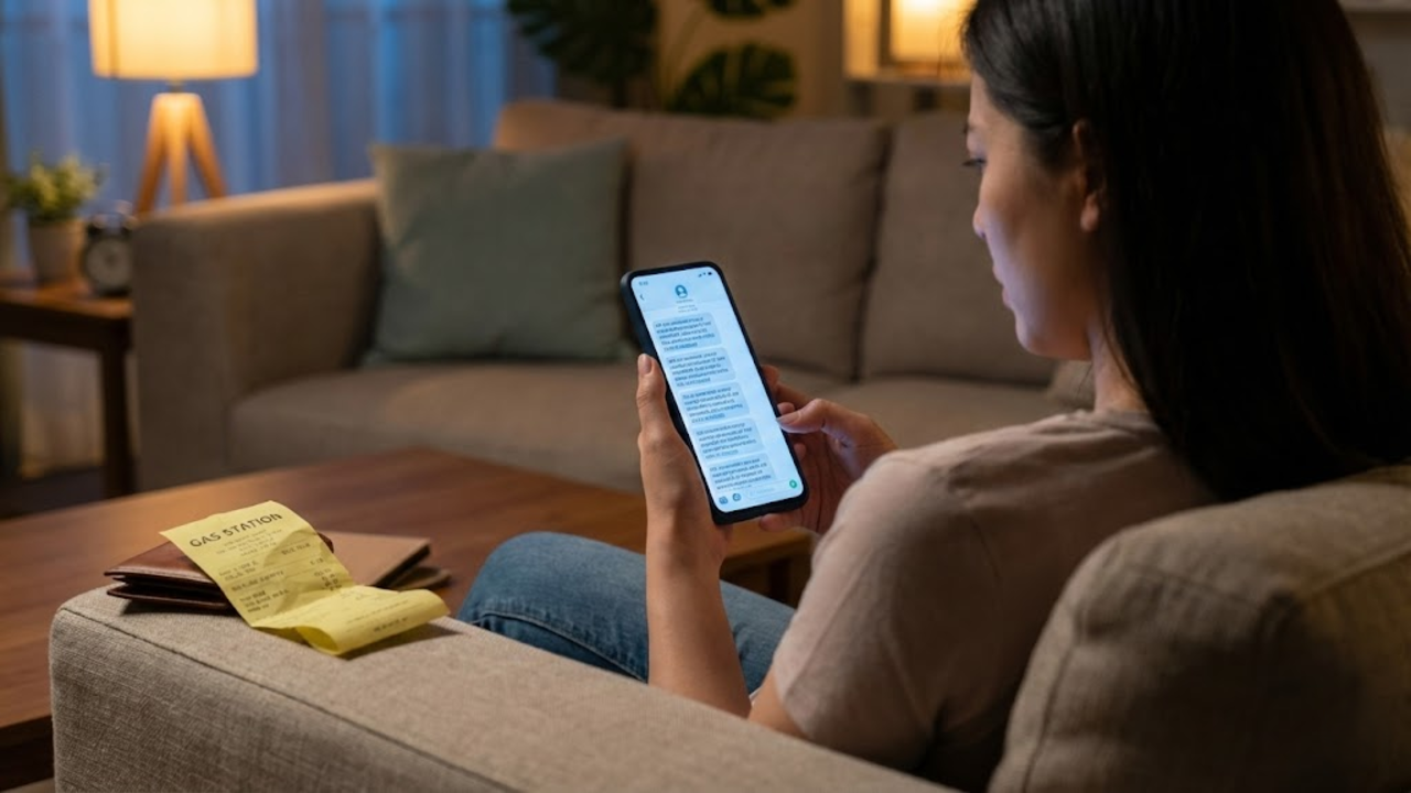 Pessoa irritada no sofá vendo spam no celular, com um cupom fiscal de posto amassado na mesa de centro.