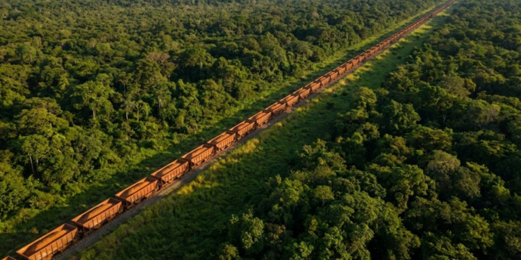 Vista aérea impressionante do trem infinito cortando a floresta amazônica, com vagões de minério sumindo no horizonte
