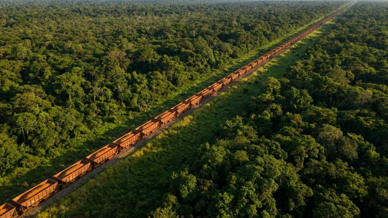 Vista aérea impressionante do trem infinito cortando a floresta amazônica, com vagões de minério sumindo no horizonte