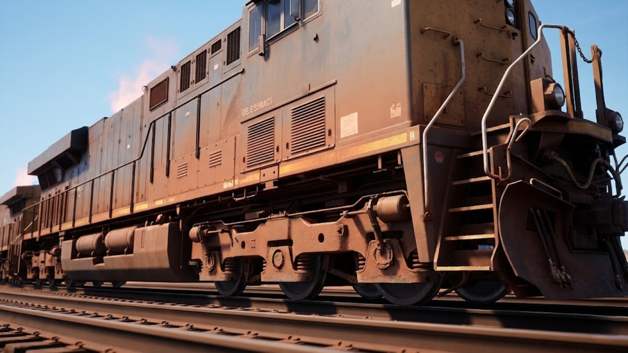 Ângulo baixo de uma locomotiva GE suja de pó de minério, transmitindo força bruta e calor na ferrovia.