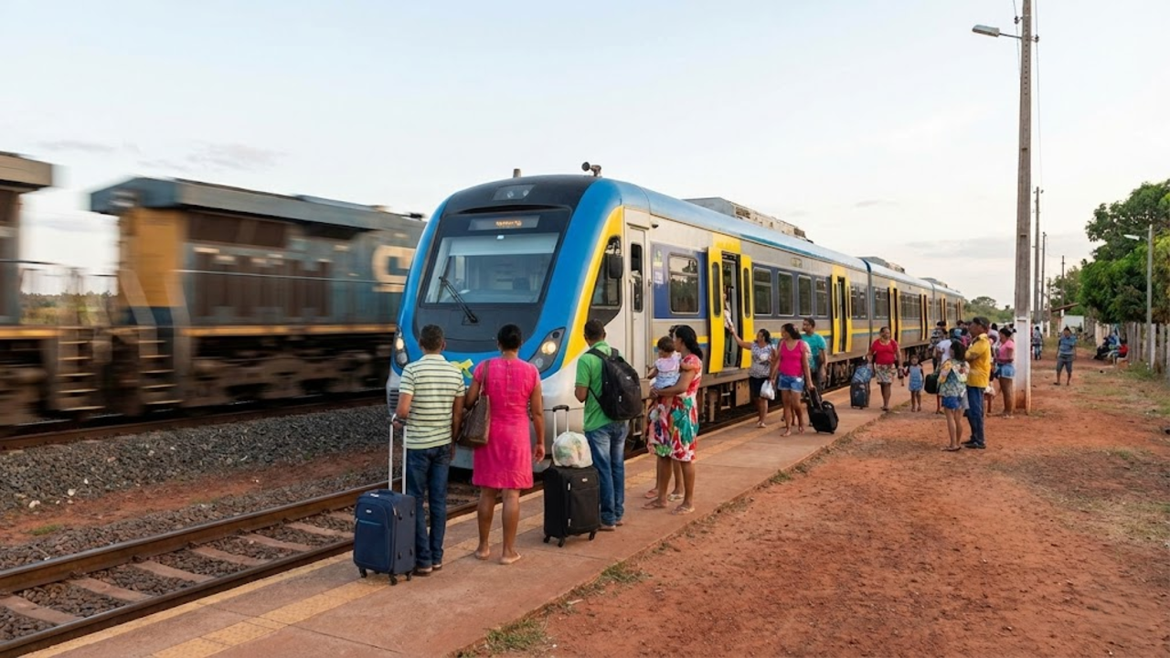 Estação rural no Maranhão mostrando o trem de passageiros parado enquanto o trem de carga passa ao fundo