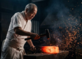 Ferreiro japonês martelando o aço incandescente em uma forja escura, com faíscas voando, destacando a ação da forja