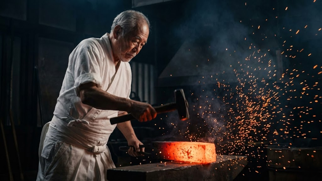Ferreiro japonês martelando o aço incandescente em uma forja escura, com faíscas voando, destacando a ação da forja