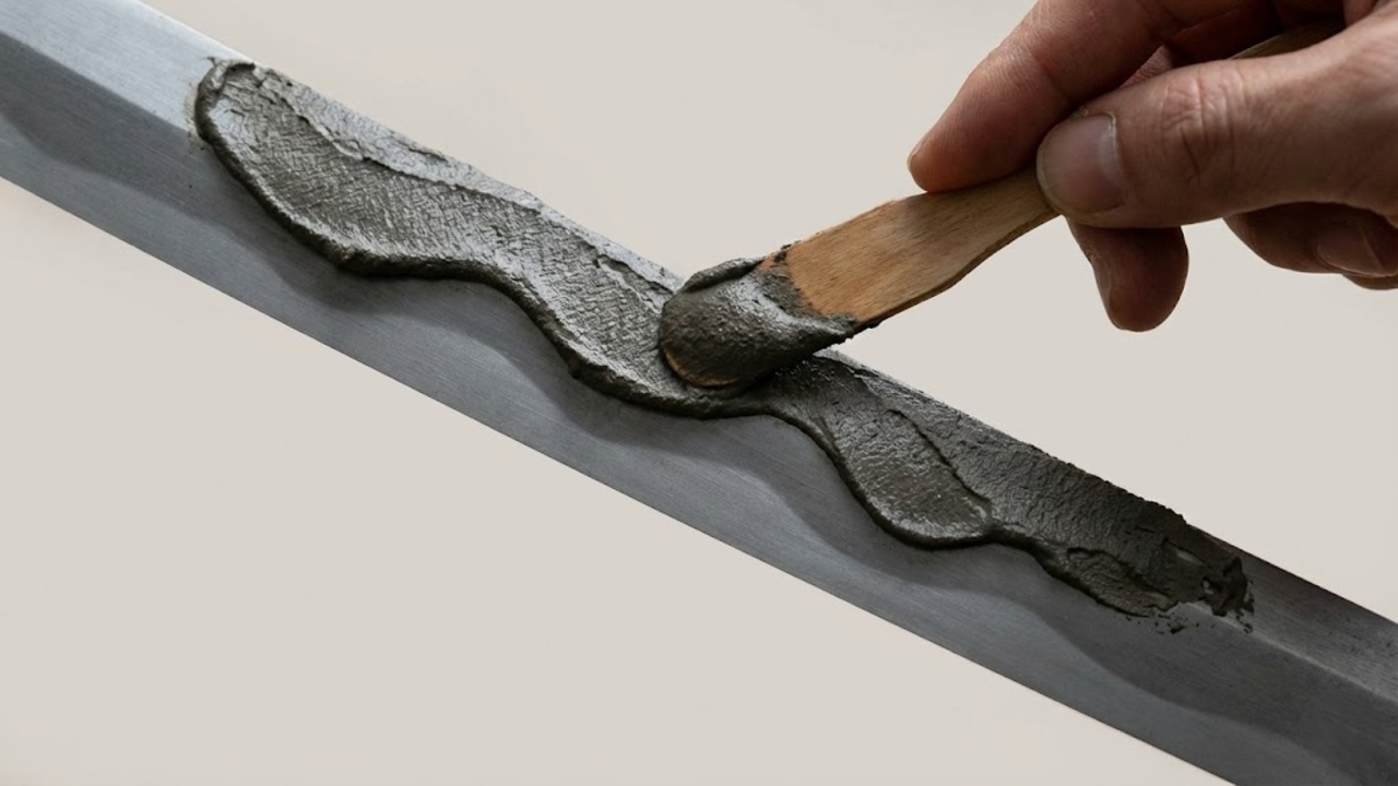 Close macro mostrando a aplicação manual da argila sobre a lâmina para criar o padrão de têmpera (hamon)